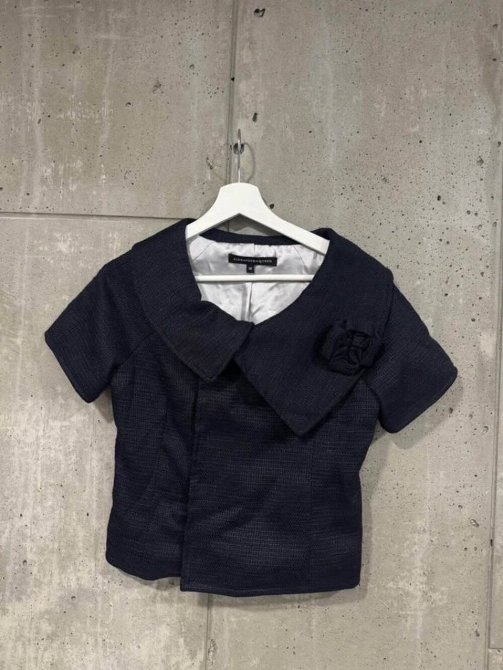 Alexander McQueen Navy Blue Textured Cropped Blazer